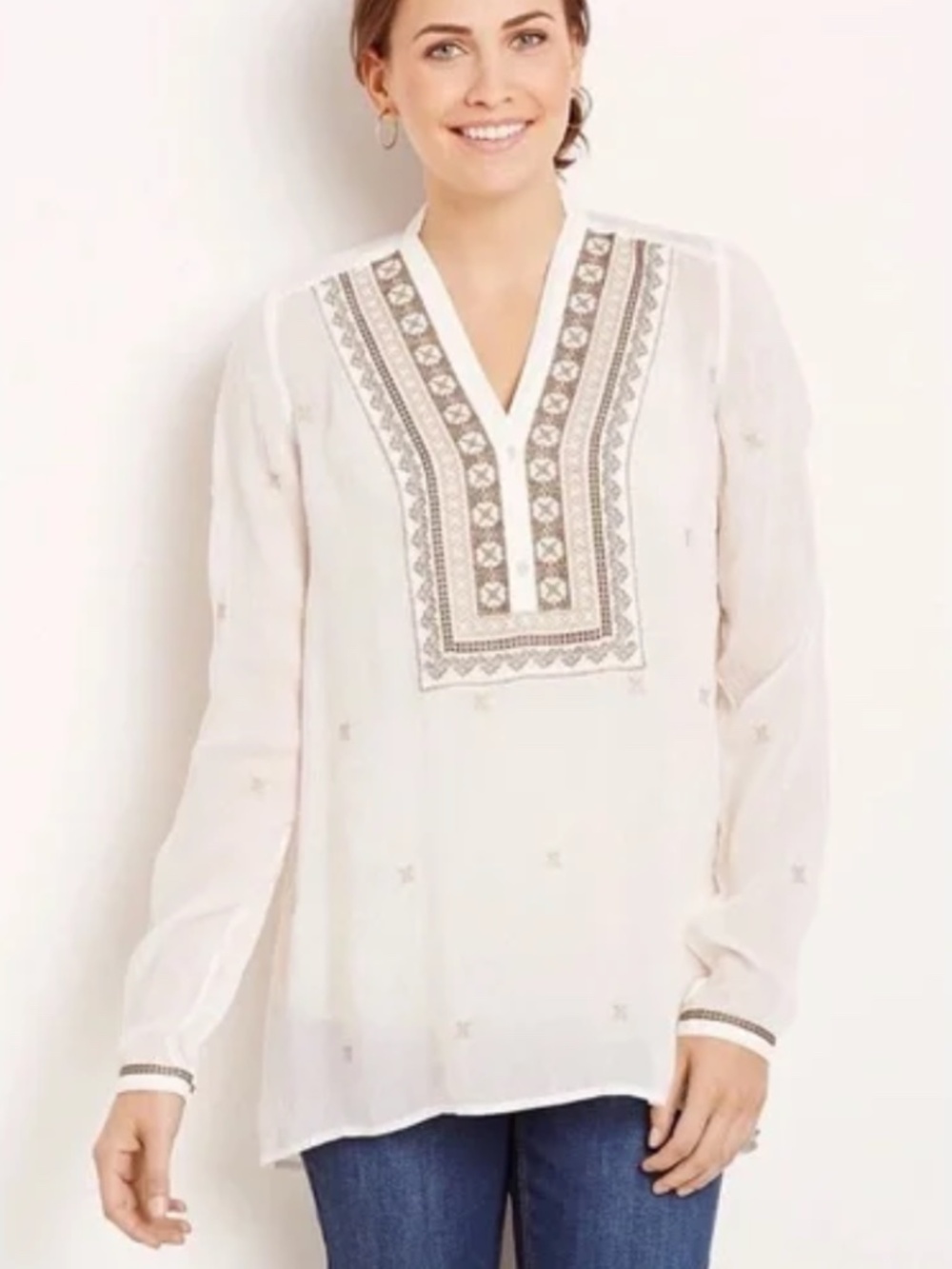 J. Jill Cream Sheer blouse with Brown Embroidered Yoke Long Sleeves SZ Medium